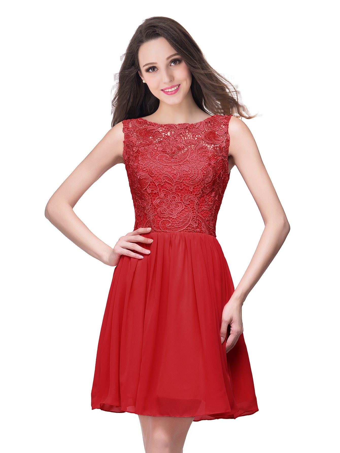 Short A line Lace Sleeveless Chiffon Homecoming Dress - YESBABYONLINE