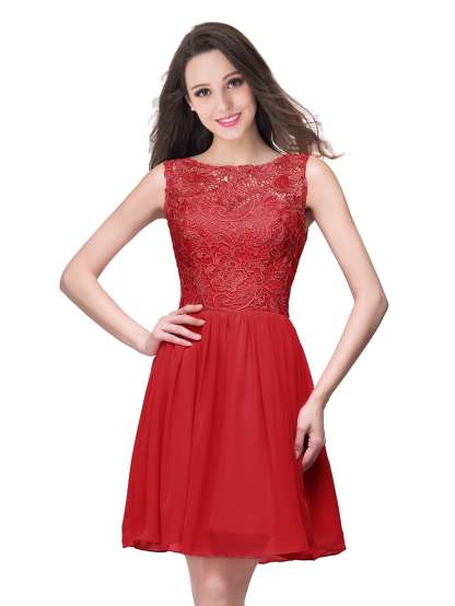 Short A line Lace Sleeveless Chiffon Homecoming Dress - YESBABYONLINE