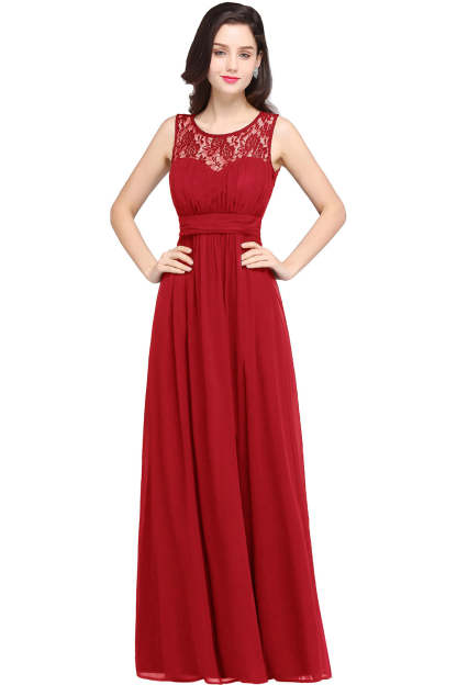Long A Line Round Neck Chiffon Floor Length Formal Dresses - YESBABYONLINE