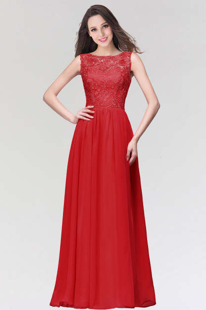 Long Chiffon Lace Sleeveless A Line Ruched Bridesmaid Dress - YESBABYONLINE