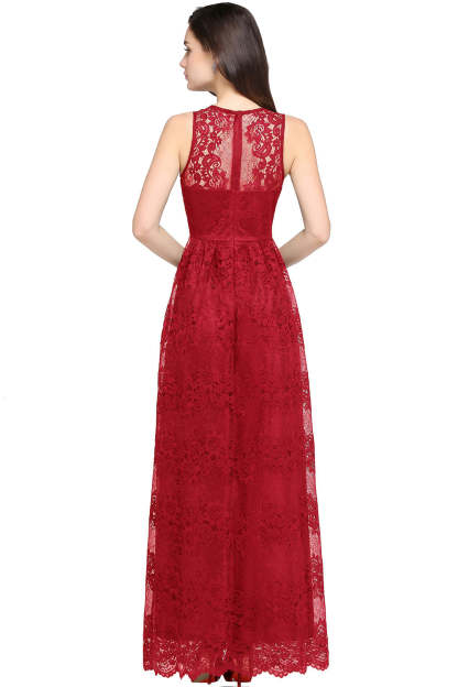Long A Line Lace V Neck Sleveless Floor Length Evening Dress - YESBABYONLINE