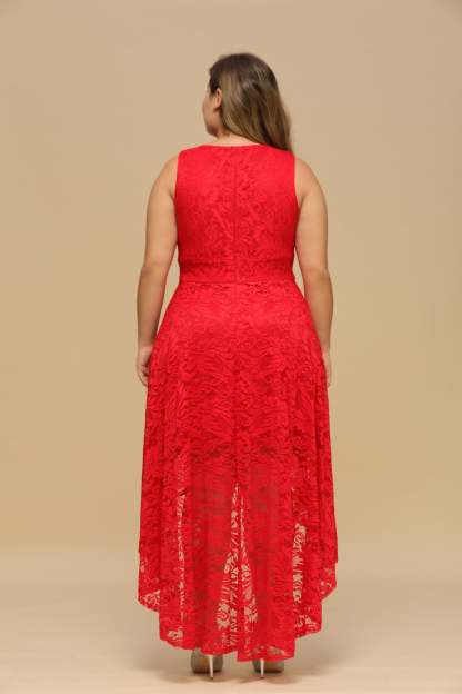 High Low A line V neck Sleeveless Lace Formal Dress - YESBABYONLINE