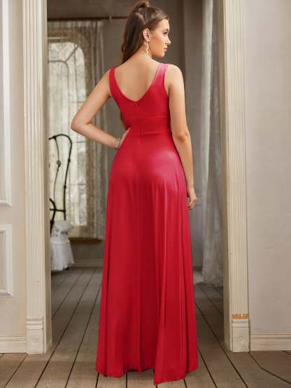 Long A-line V-Neck Sleeveless Floor Length Formal Dress with Slit - YESBABYONLINE
