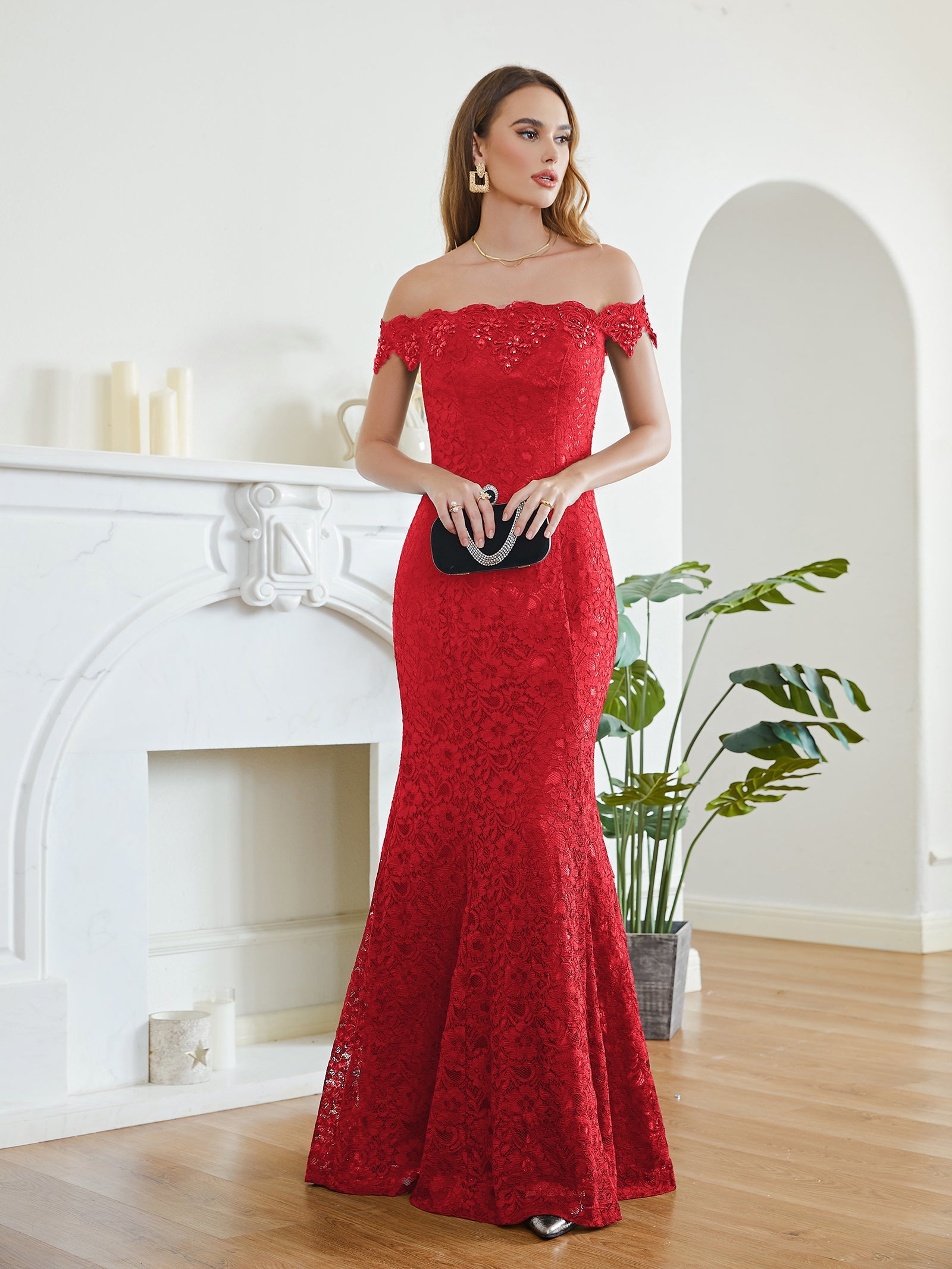 Long Mermaid Off the Shoulder Lace Floor Length Evening Dresses - YESBABYONLINE