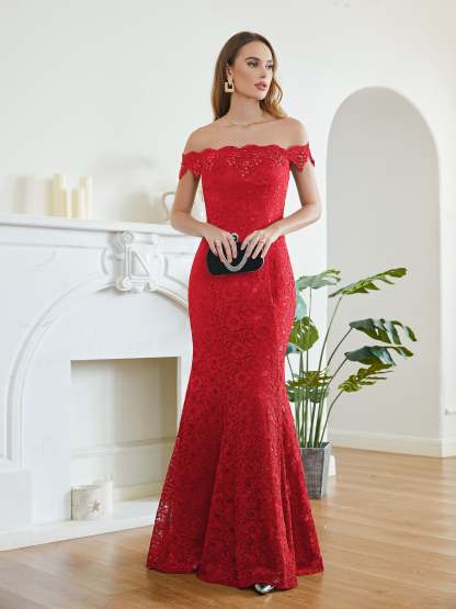 Long Mermaid Off the Shoulder Lace Floor Length Evening Dresses - YESBABYONLINE