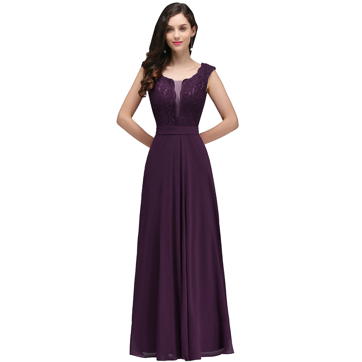 Long A Line Floral Lace Floor Length Sleeveless Chiffon Bridesmaid Dress - YESBABYONLINE