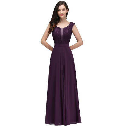 Long A Line Floral Lace Floor Length Sleeveless Chiffon Bridesmaid Dress - YESBABYONLINE