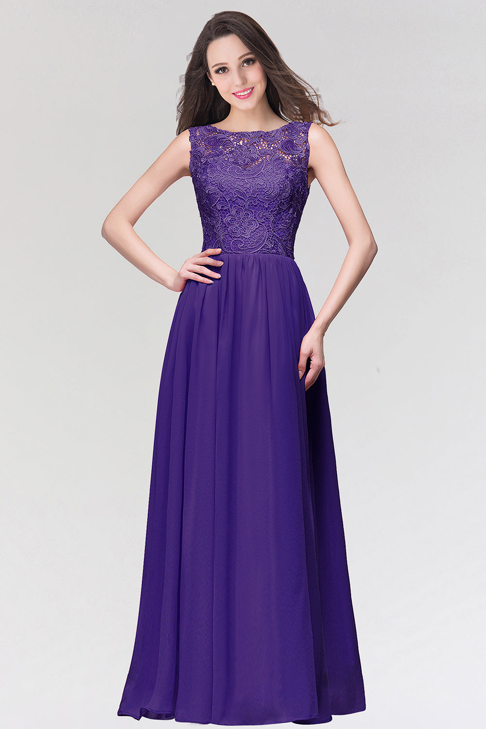 Long Chiffon Lace Sleeveless A Line Ruched Bridesmaid Dress - YESBABYONLINE
