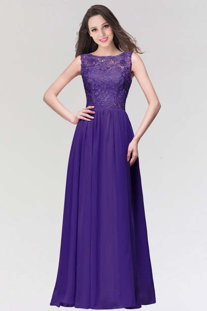 Long Chiffon Lace Sleeveless A Line Ruched Bridesmaid Dress - YESBABYONLINE
