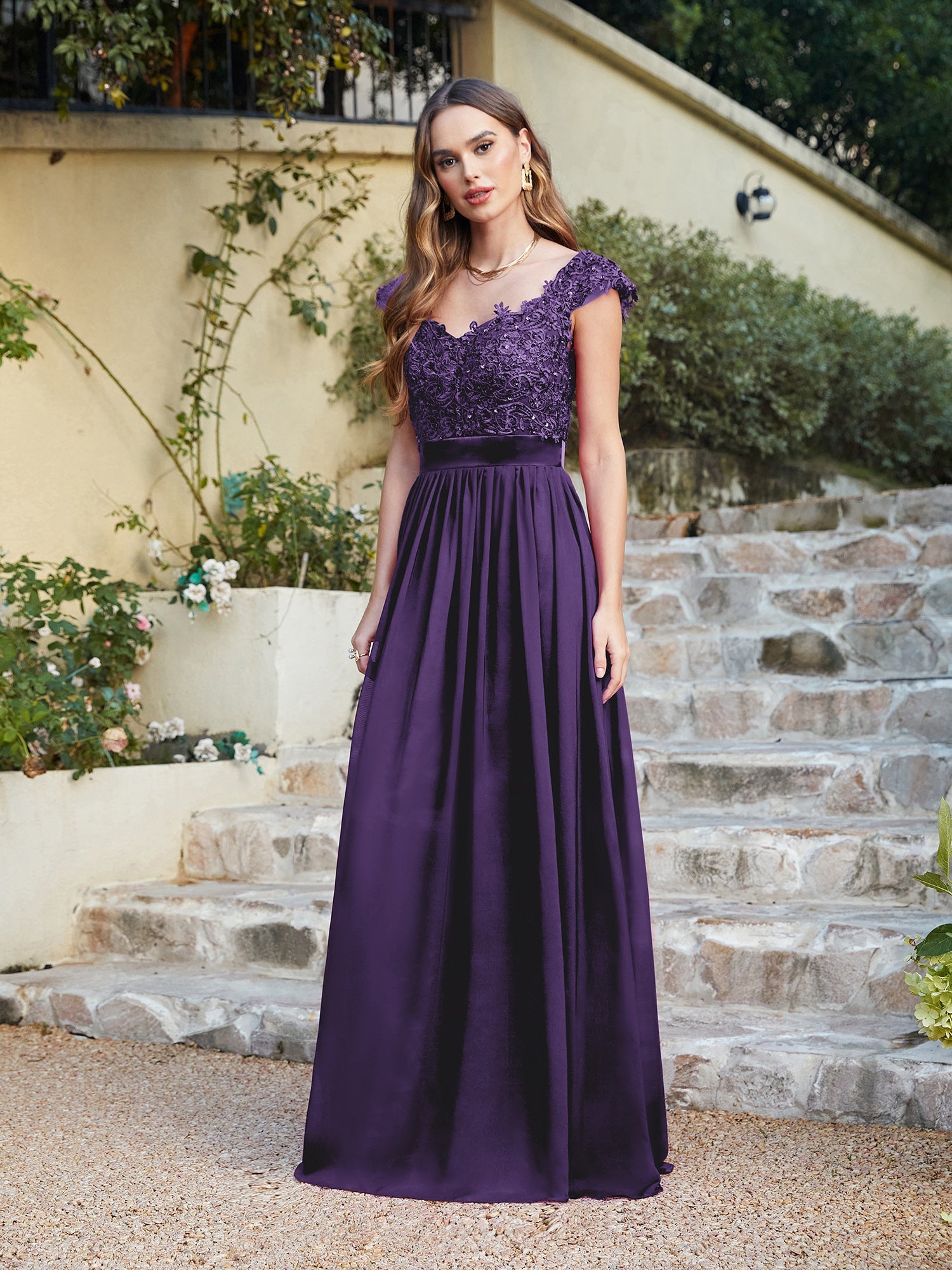 Long A line Scoop Neck Chiffon Floor Length Dress Lace Bridesmaid Dress - YESBABYONLINE