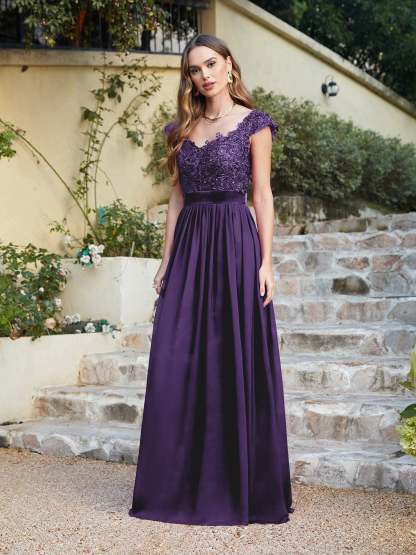 Long A line Scoop Neck Chiffon Floor Length Dress Lace Bridesmaid Dress - YESBABYONLINE