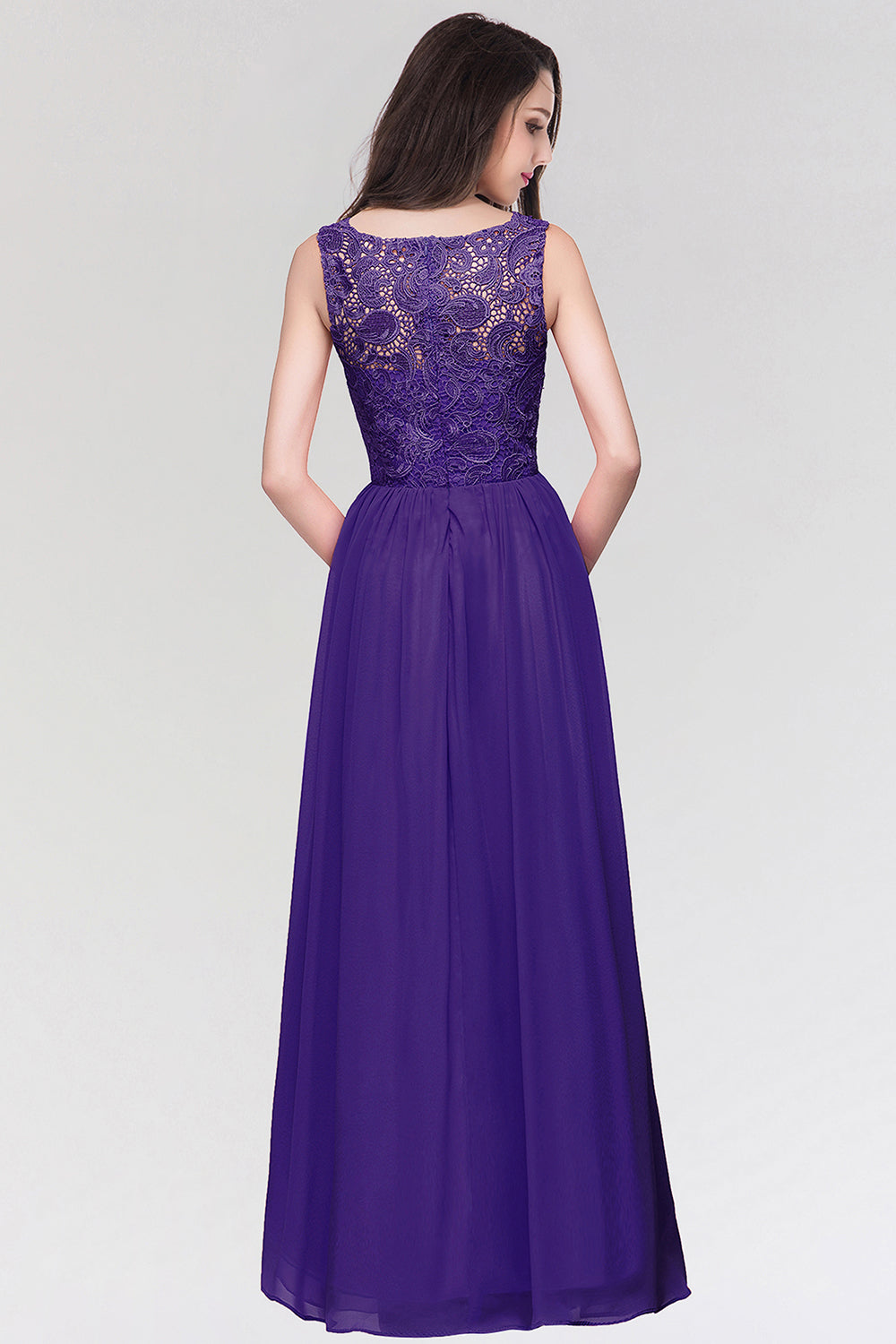 Long Chiffon Lace Sleeveless A Line Ruched Bridesmaid Dress - YESBABYONLINE