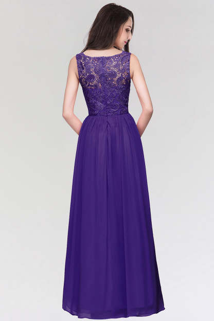 Long Chiffon Lace Sleeveless A Line Ruched Bridesmaid Dress - YESBABYONLINE