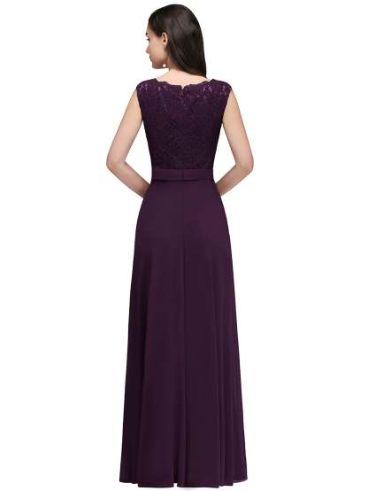 Long A Line Floral Lace Floor Length Sleeveless Chiffon Bridesmaid Dress - YESBABYONLINE