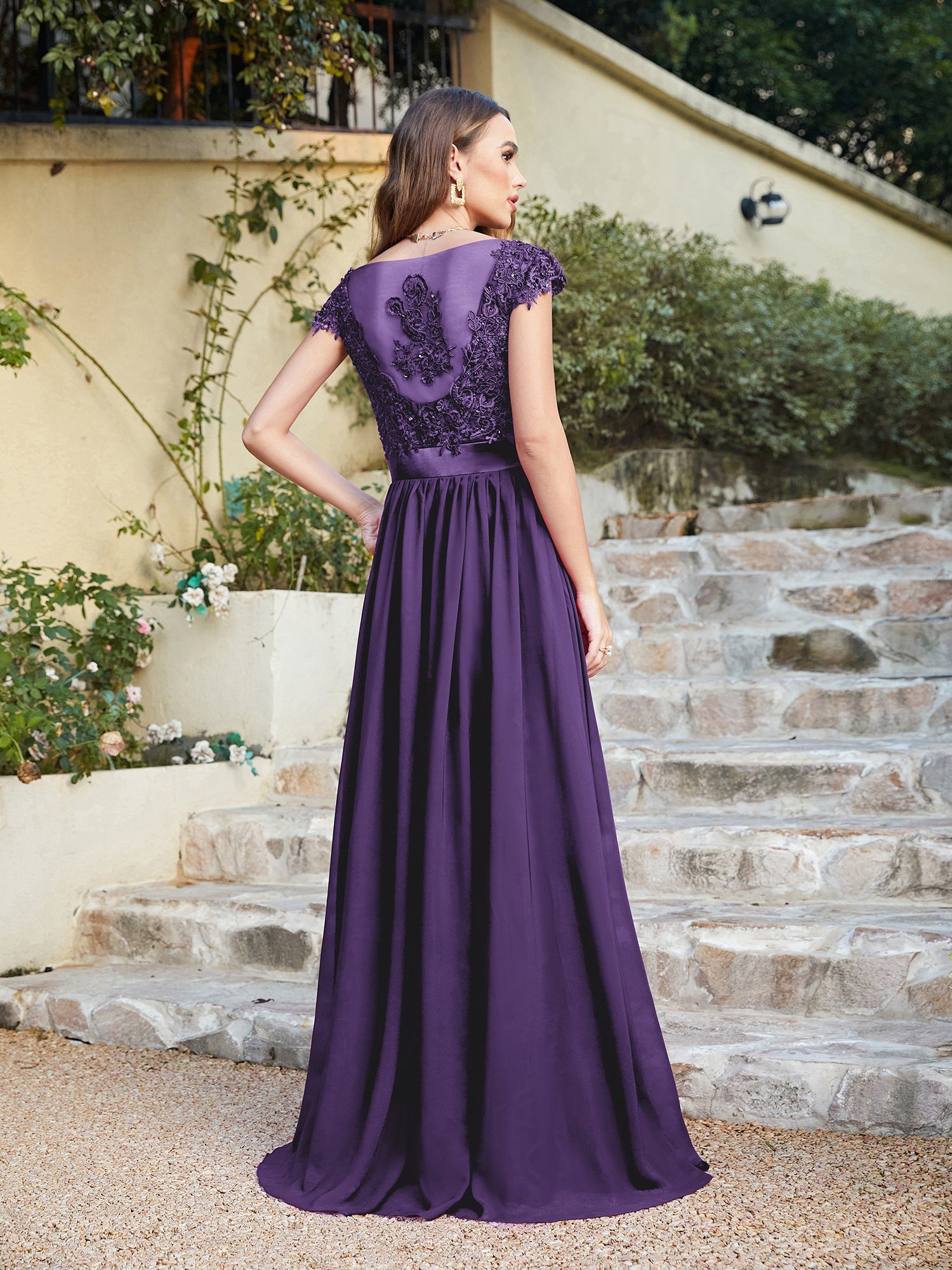 Long A line Scoop Neck Chiffon Floor Length Dress Lace Bridesmaid Dress - YESBABYONLINE