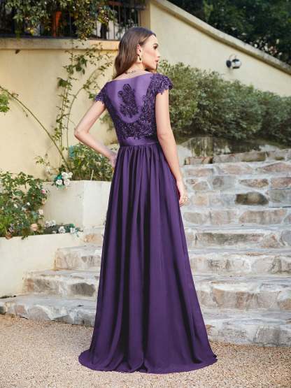 Long A line Scoop Neck Chiffon Floor Length Dress Lace Bridesmaid Dress - YESBABYONLINE