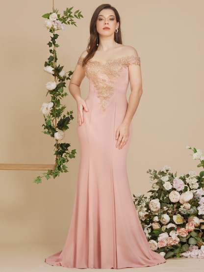 Long Off-the-Shoulder Floor Length Mermaid Evening Dress with Gold Appliques - YESBABYONLINE