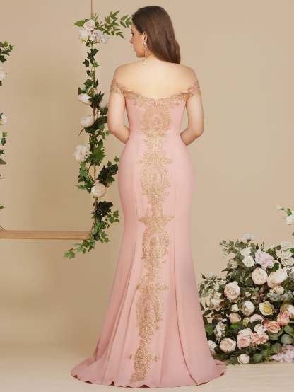 Long Off-the-Shoulder Floor Length Mermaid Evening Dress with Gold Appliques - YESBABYONLINE