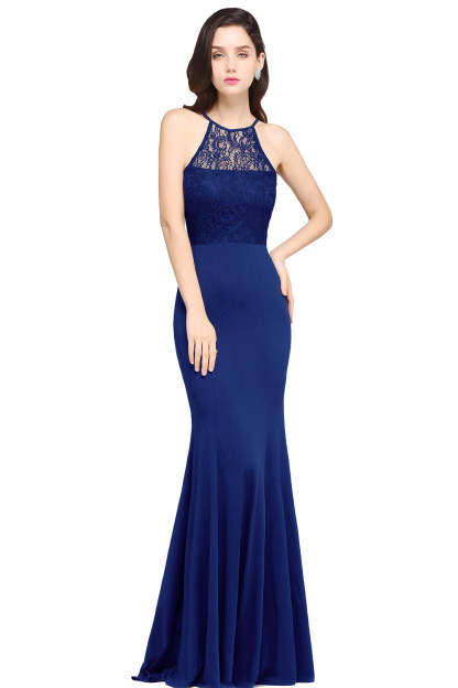 Halter Floral Lace Chiffon Mermaid Long Bridesmaid Dress - YESBABYONLINE