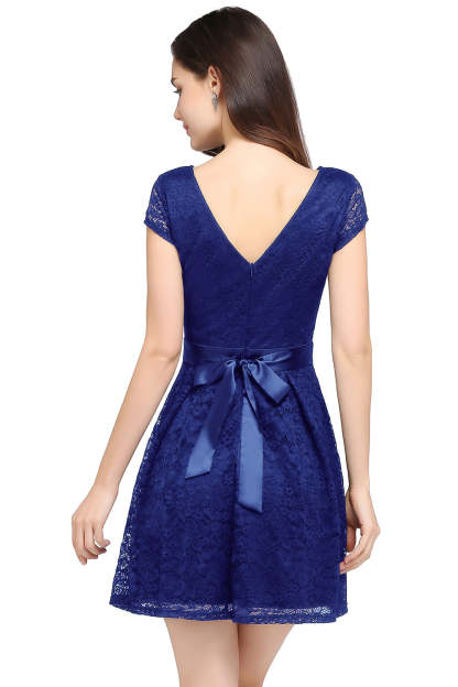 Short Cap Sleeves Formal Dress Round Neck Lace A line Bridesmaid Dress - YESBABYONLINE