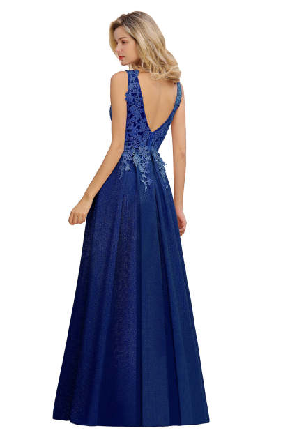 Long A Line V-Neck Sleeveless Tulle Lace Formal Dress with Appliques - YESBABYONLINE