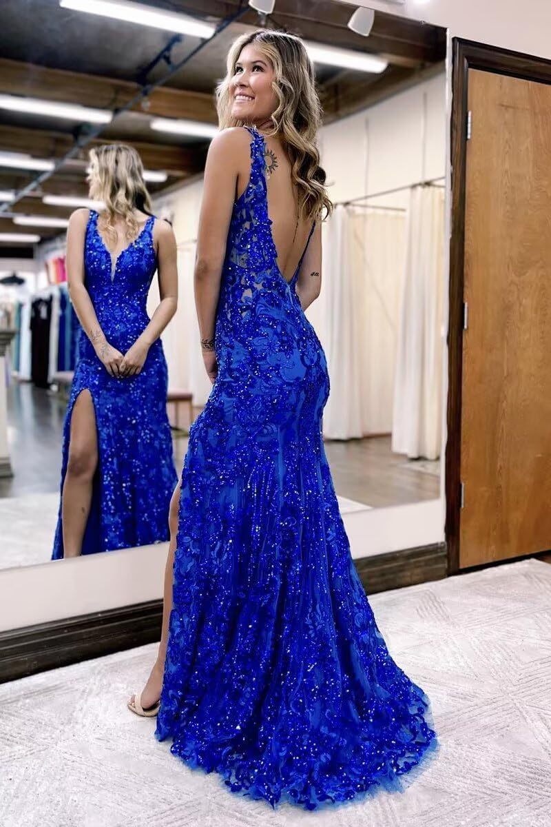Backless V-neck Sequin Mermaid Long Prom Dress with Slit