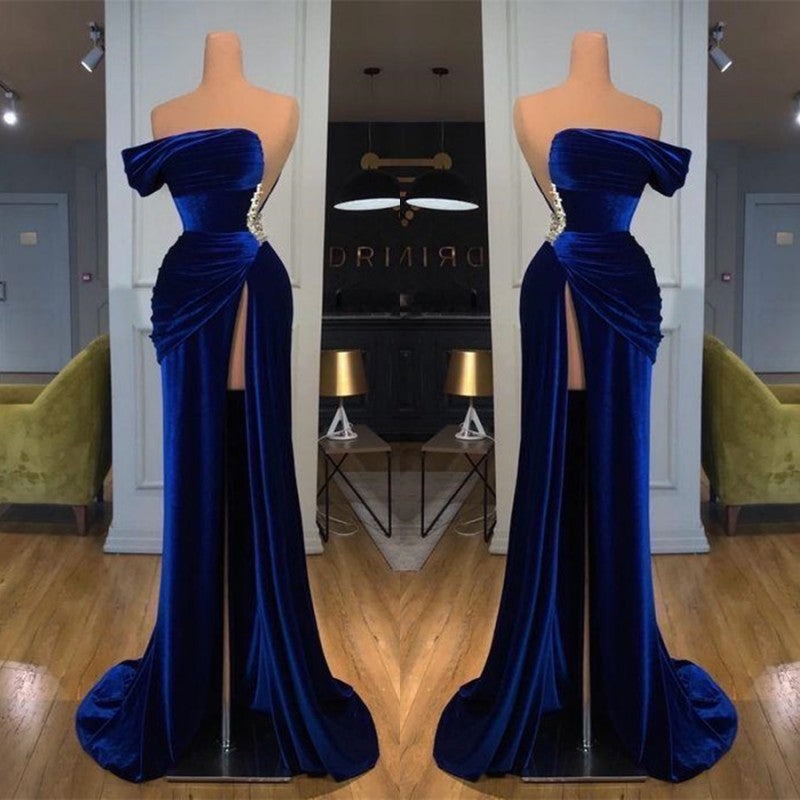 Royal Blue Long Mermaid Off the shoulder Velvet Prom Evening Dress with Split - YESBABYONLINE