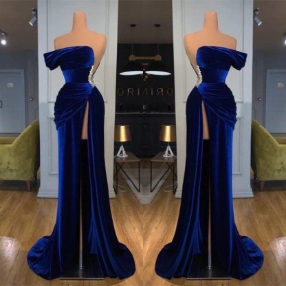 Royal Blue Long Mermaid Off the shoulder Velvet Prom Evening Dress with Split - YESBABYONLINE