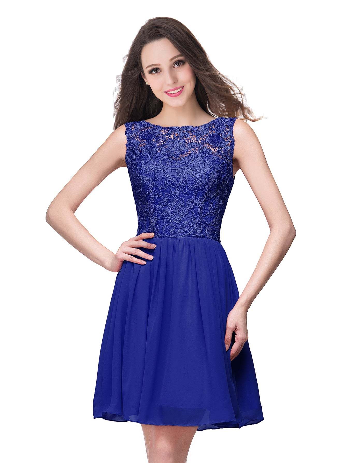 Short A line Lace Sleeveless Chiffon Homecoming Dress - YESBABYONLINE