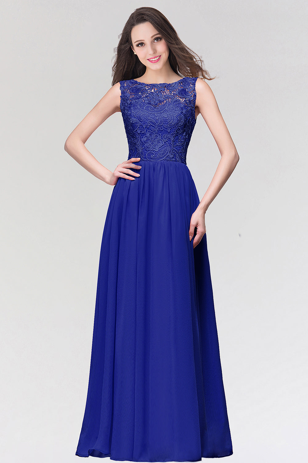 Long Chiffon Lace Sleeveless A Line Ruched Bridesmaid Dress - YESBABYONLINE
