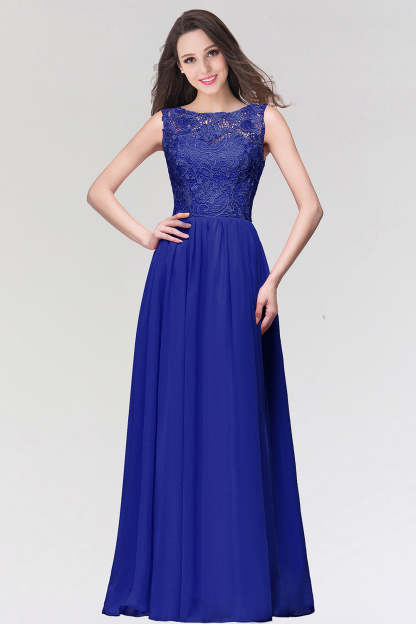 Long Chiffon Lace Sleeveless A Line Ruched Bridesmaid Dress - YESBABYONLINE
