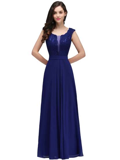 Long A Line Floral Lace Floor Length Sleeveless Chiffon Bridesmaid Dress - YESBABYONLINE