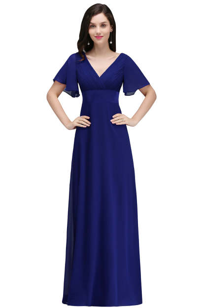 A Line Poet Sleeves Ruffle Chiffon V-Neck Long Bridesmaid Dress - YESBABYONLINE