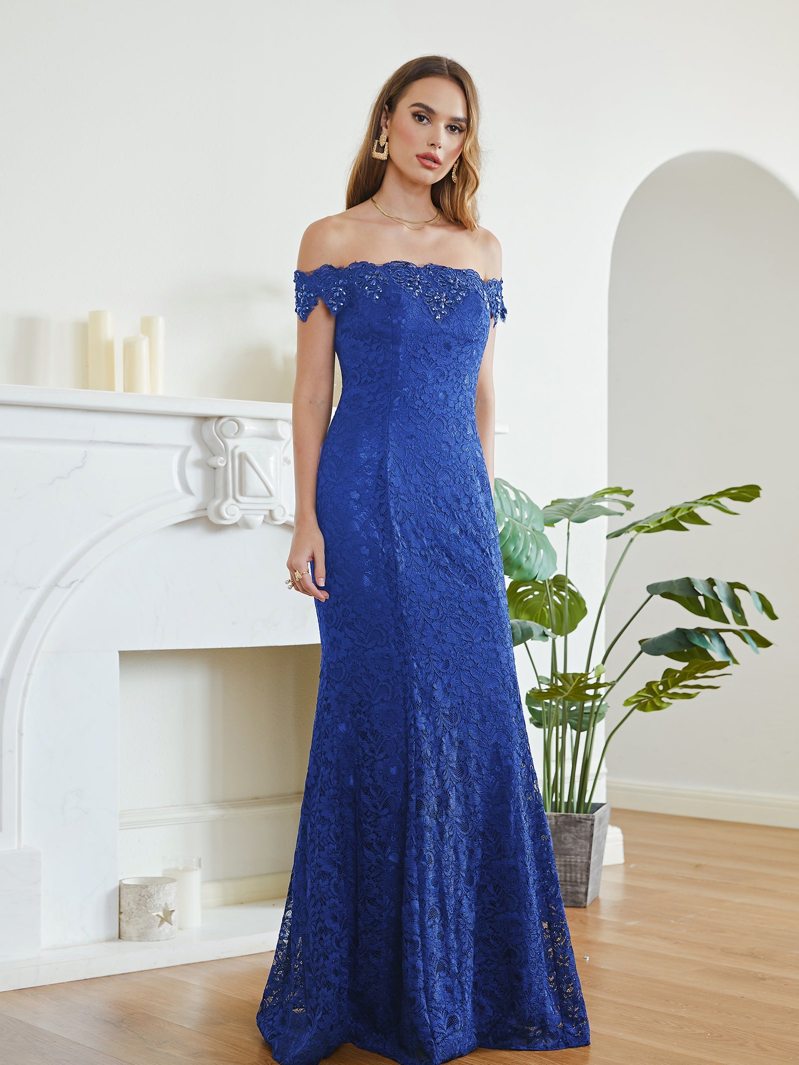 Long Mermaid Off the Shoulder Lace Floor Length Evening Dresses - YESBABYONLINE