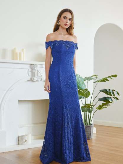 Long Mermaid Off the Shoulder Lace Floor Length Evening Dresses - YESBABYONLINE