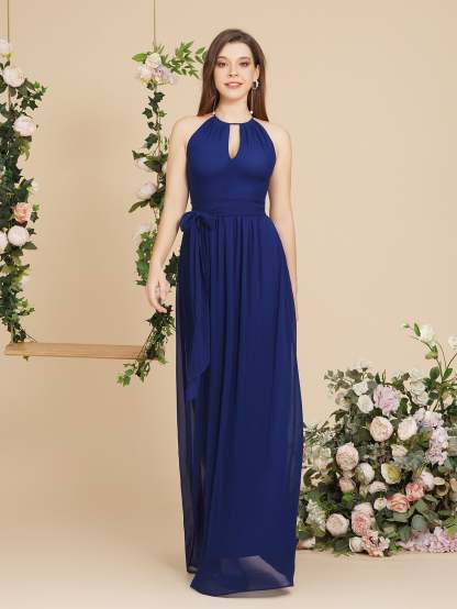 Long A line Halter Chiffon Ruffle Floor Length Bridesmaid Dress - YESBABYONLINE
