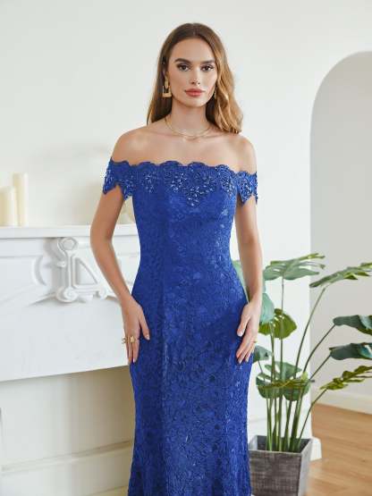 Long Mermaid Off the Shoulder Lace Floor Length Evening Dresses - YESBABYONLINE