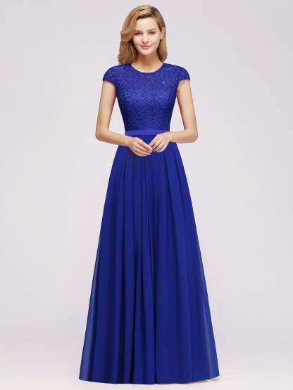 Long A-line Tulle Floral Lace Bridesmaid Dress with Cap Sleeves - YESBABYONLINE