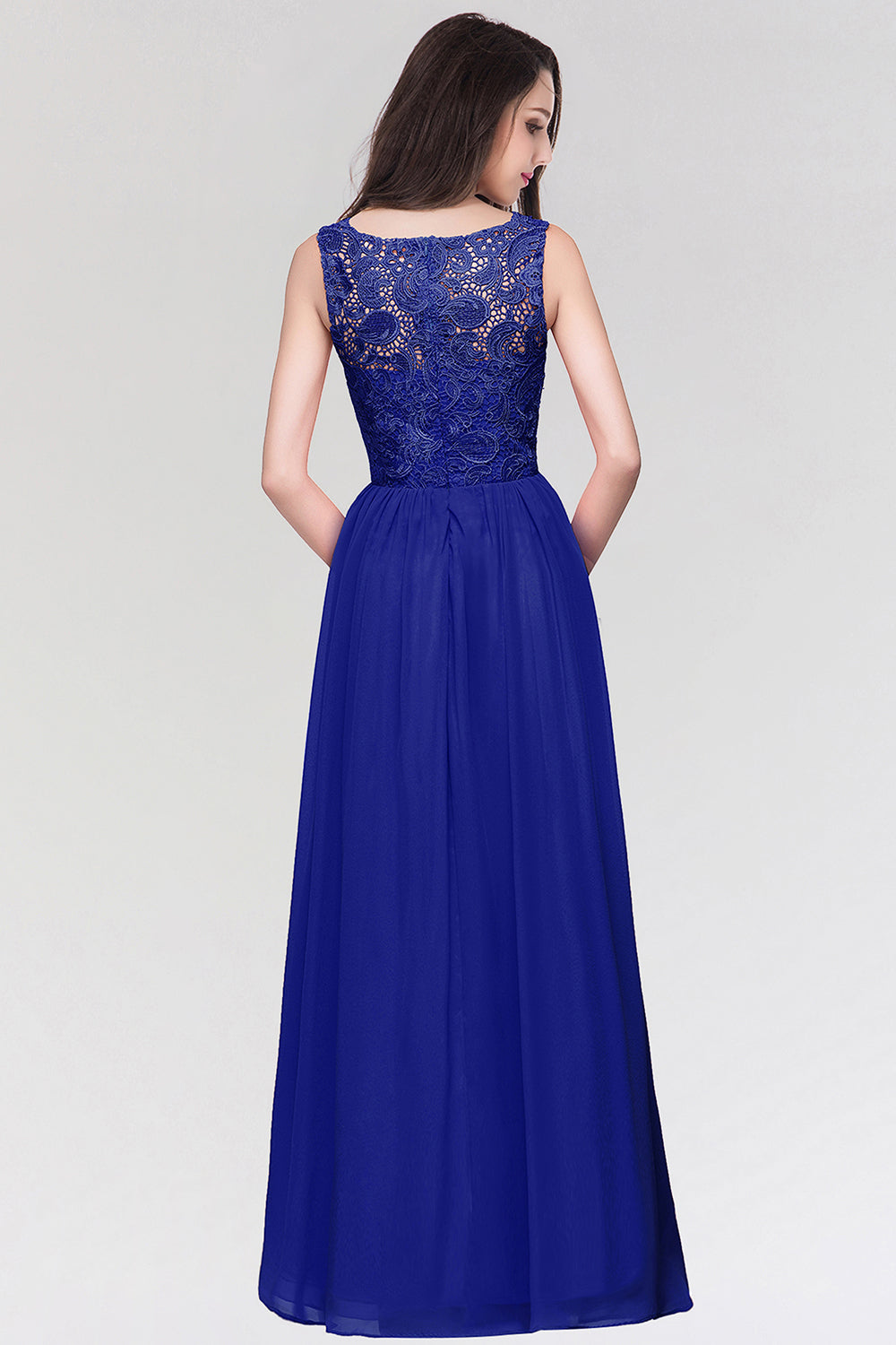 Long Chiffon Lace Sleeveless A Line Ruched Bridesmaid Dress - YESBABYONLINE