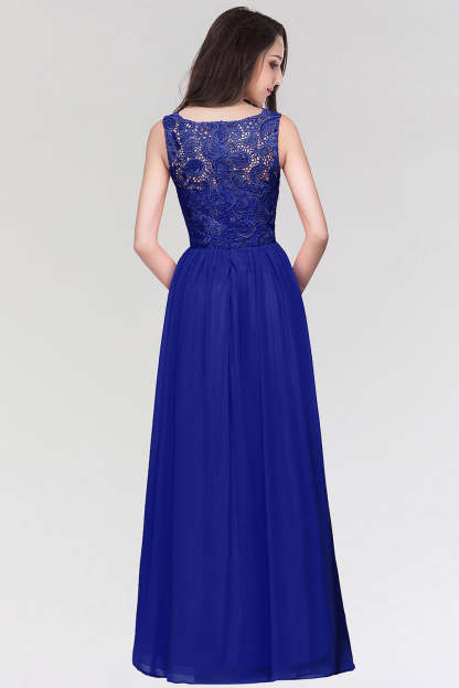 Long Chiffon Lace Sleeveless A Line Ruched Bridesmaid Dress - YESBABYONLINE