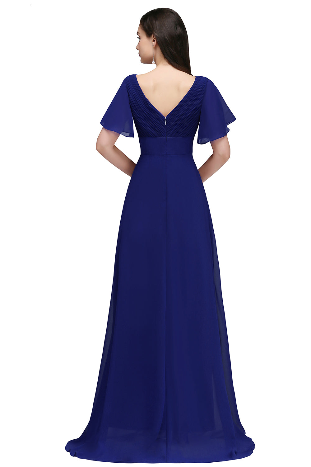 A Line Poet Sleeves Ruffle Chiffon V-Neck Long Bridesmaid Dress - YESBABYONLINE
