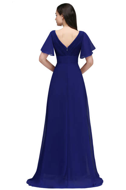 A Line Poet Sleeves Ruffle Chiffon V-Neck Long Bridesmaid Dress - YESBABYONLINE