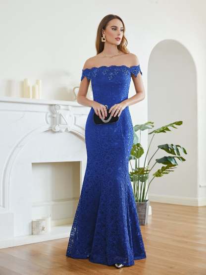 Long Mermaid Off the Shoulder Lace Floor Length Evening Dresses - YESBABYONLINE