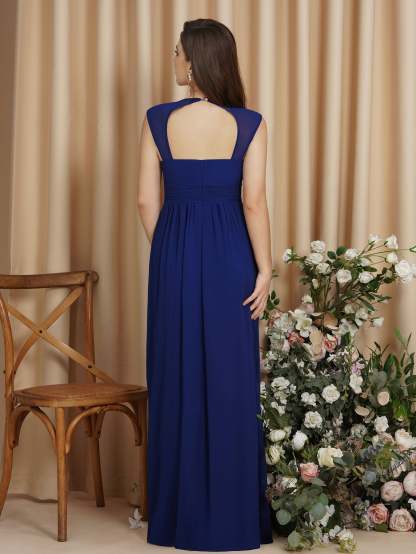 V Neck A Line Off The Shoulder Chiffon Long Bridesmaid Dress - YESBABYONLINE