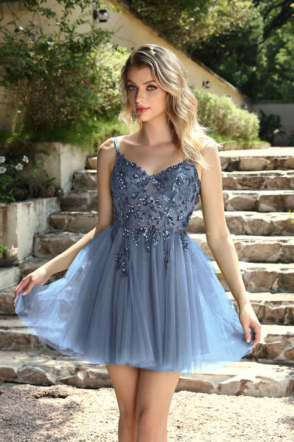 Short A-line V-neck Sleeveless Tulle Prom Homecoming Dresses