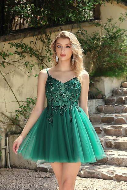 Short A-line V-neck Sleeveless Tulle Prom Homecoming Dresses
