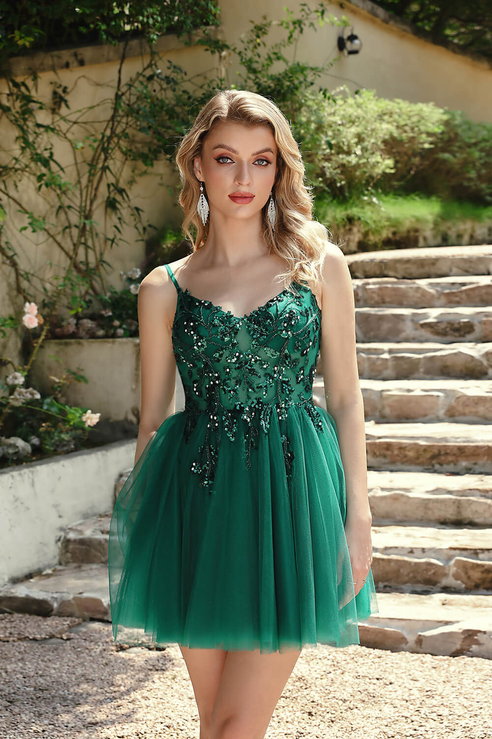 Short A-line V-neck Sleeveless Tulle Prom Homecoming Dresses