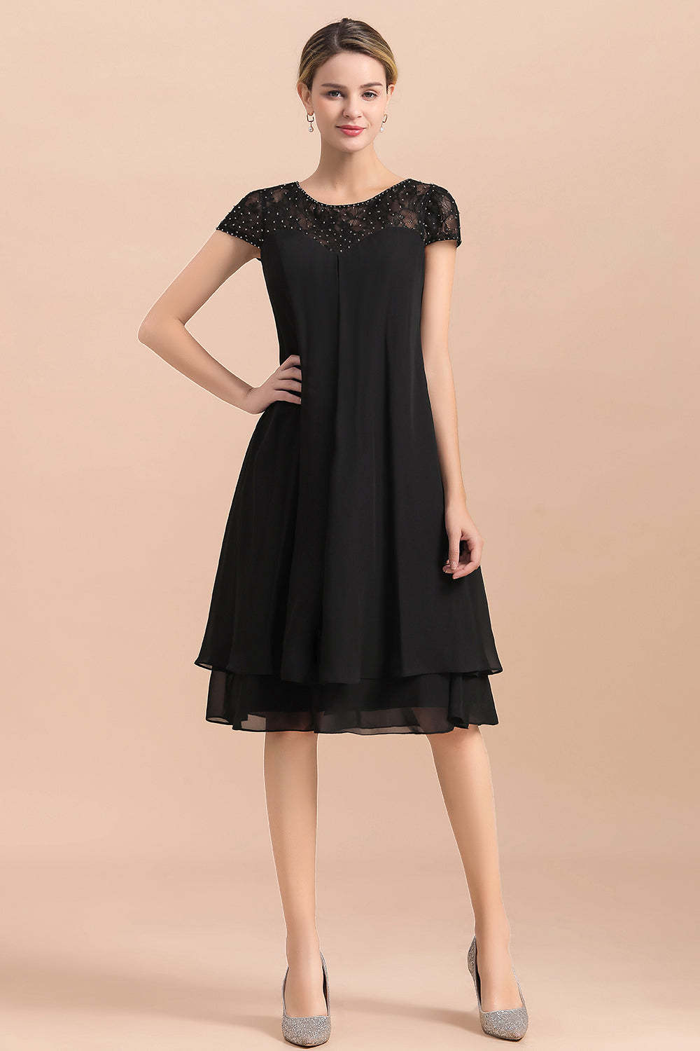 Knee Length Short Sleeve A-line Chiffon Mother Of The Bride Dress