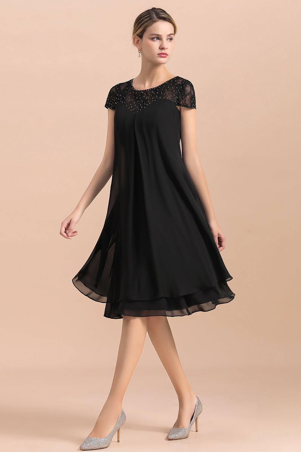 Knee Length Short Sleeve A-line Chiffon Mother Of The Bride Dress