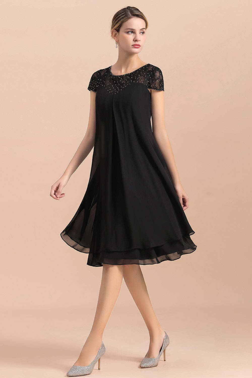 Knee Length Short Sleeve A-line Chiffon Mother Of The Bride Dress